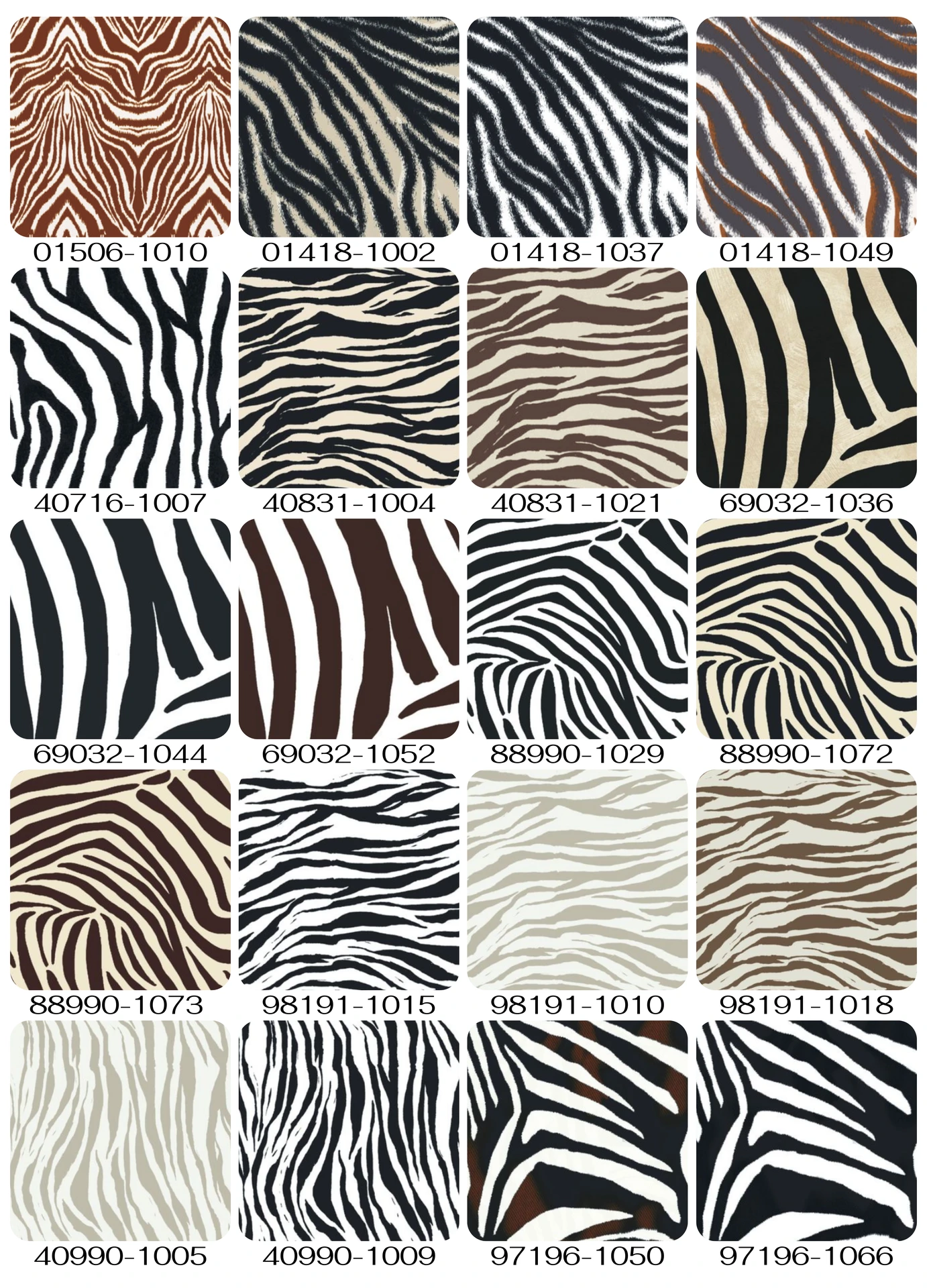 Muestrario de telas con estampado animal print tipo cebra para sublimación.