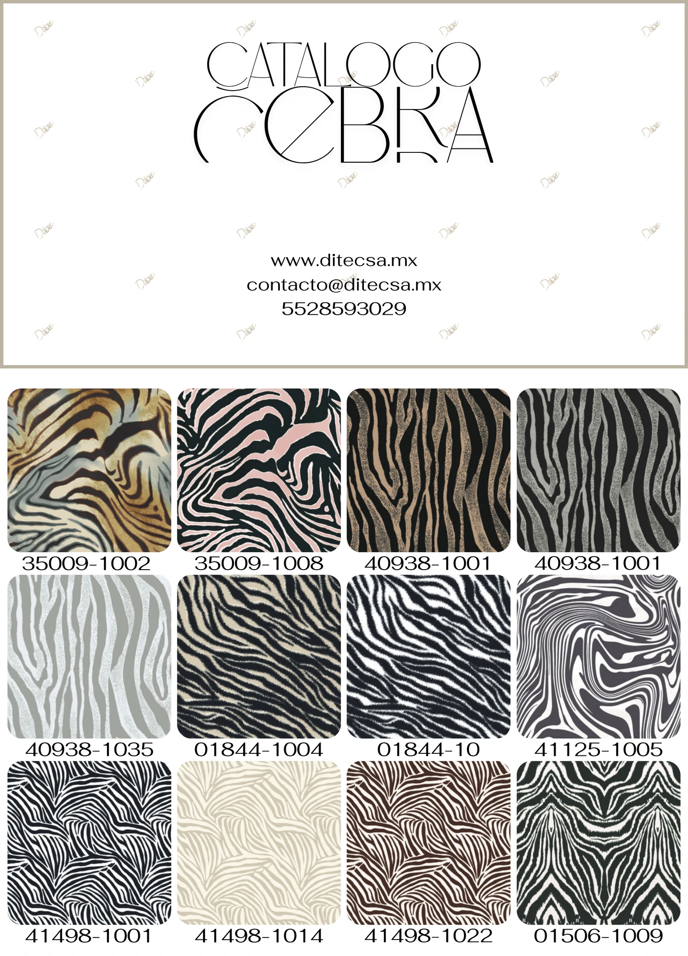 Muestrario de telas con estampado animal print tipo cebra para sublimación.