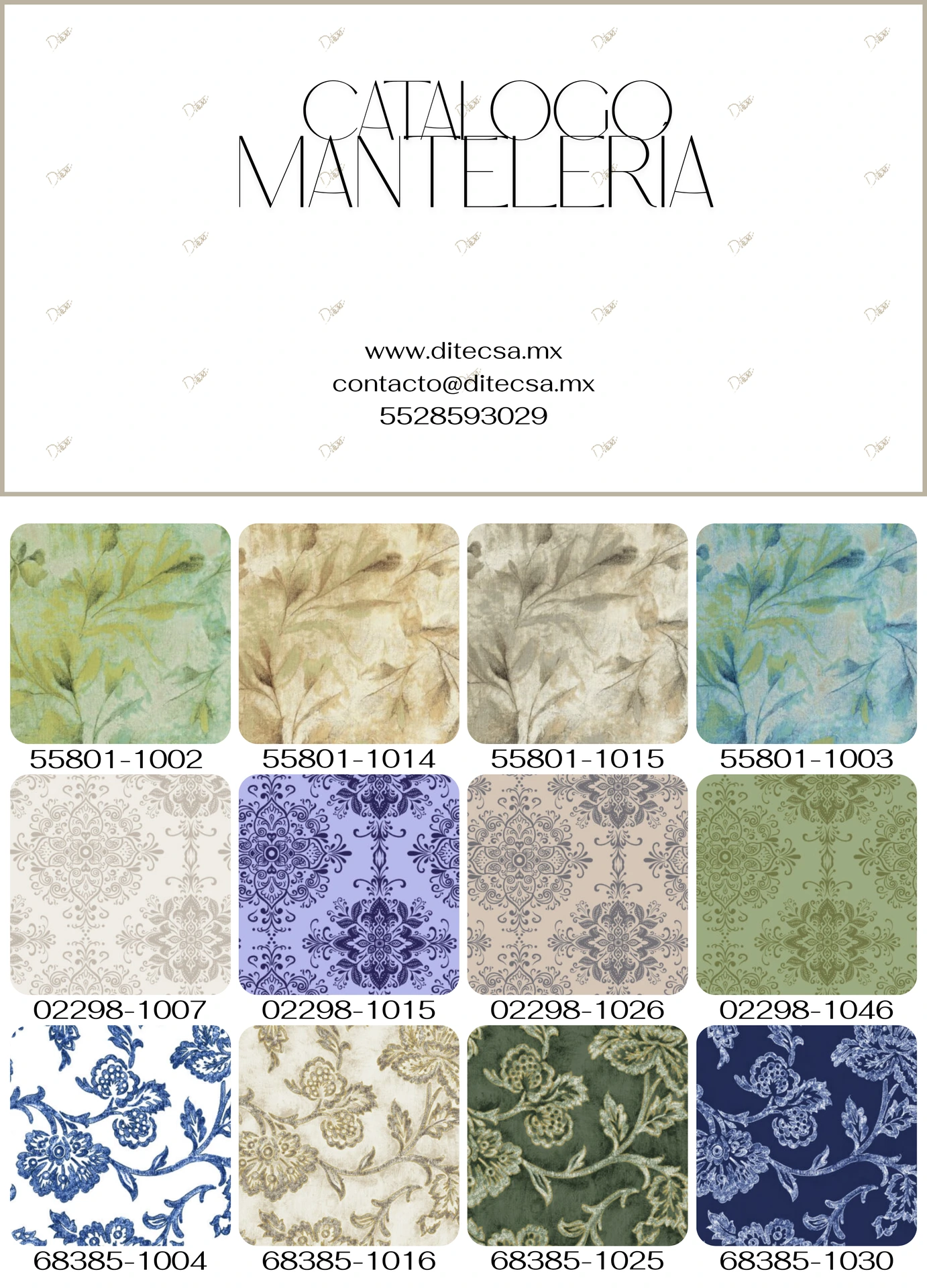 Catálogo de diseños para mantelería con estampados florales y decorativos