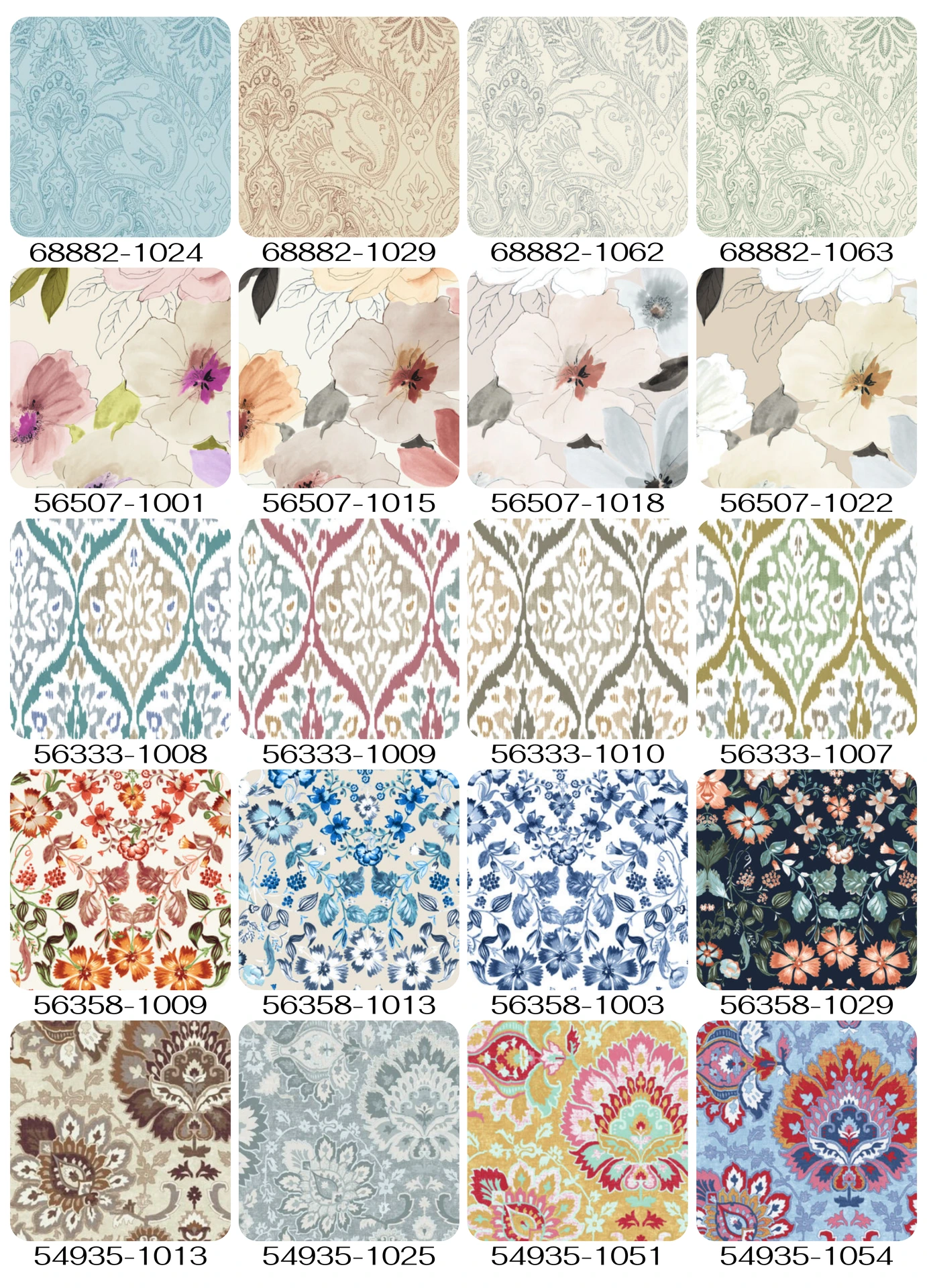 Catálogo de diseños para mantelería con estampados florales y decorativos